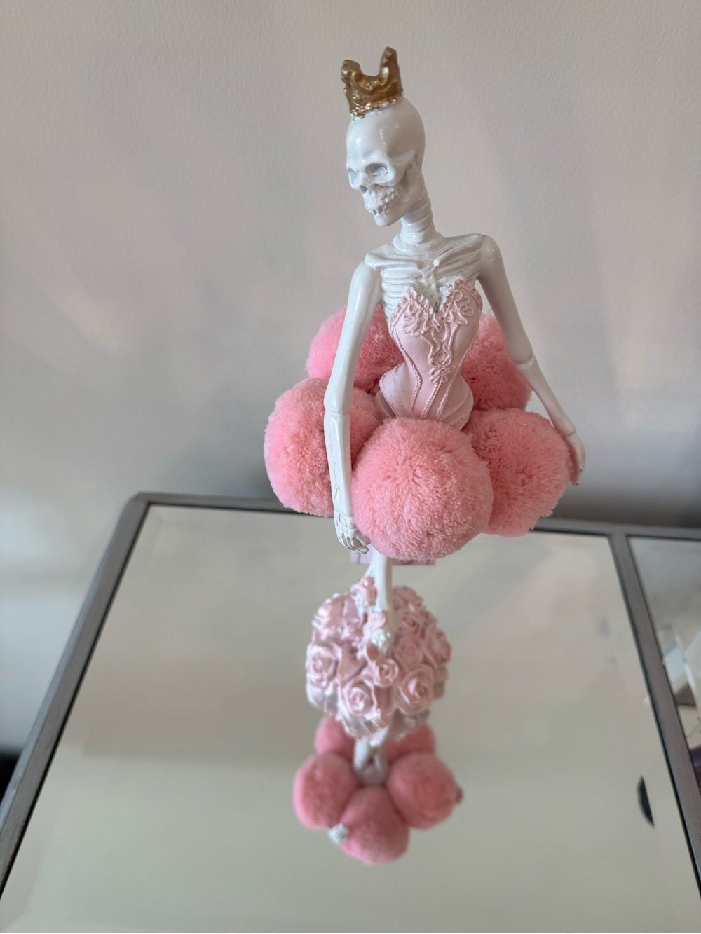 Decorative Pink Ballerina Pom-Pom Skeleton Figurine with Gold Crown Home Accents